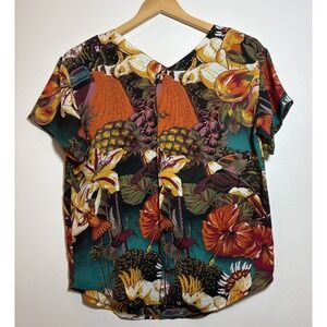 Believe Japan Women L Art Print Blouse Tropical Bird Floral Top Boho Made Japan‎